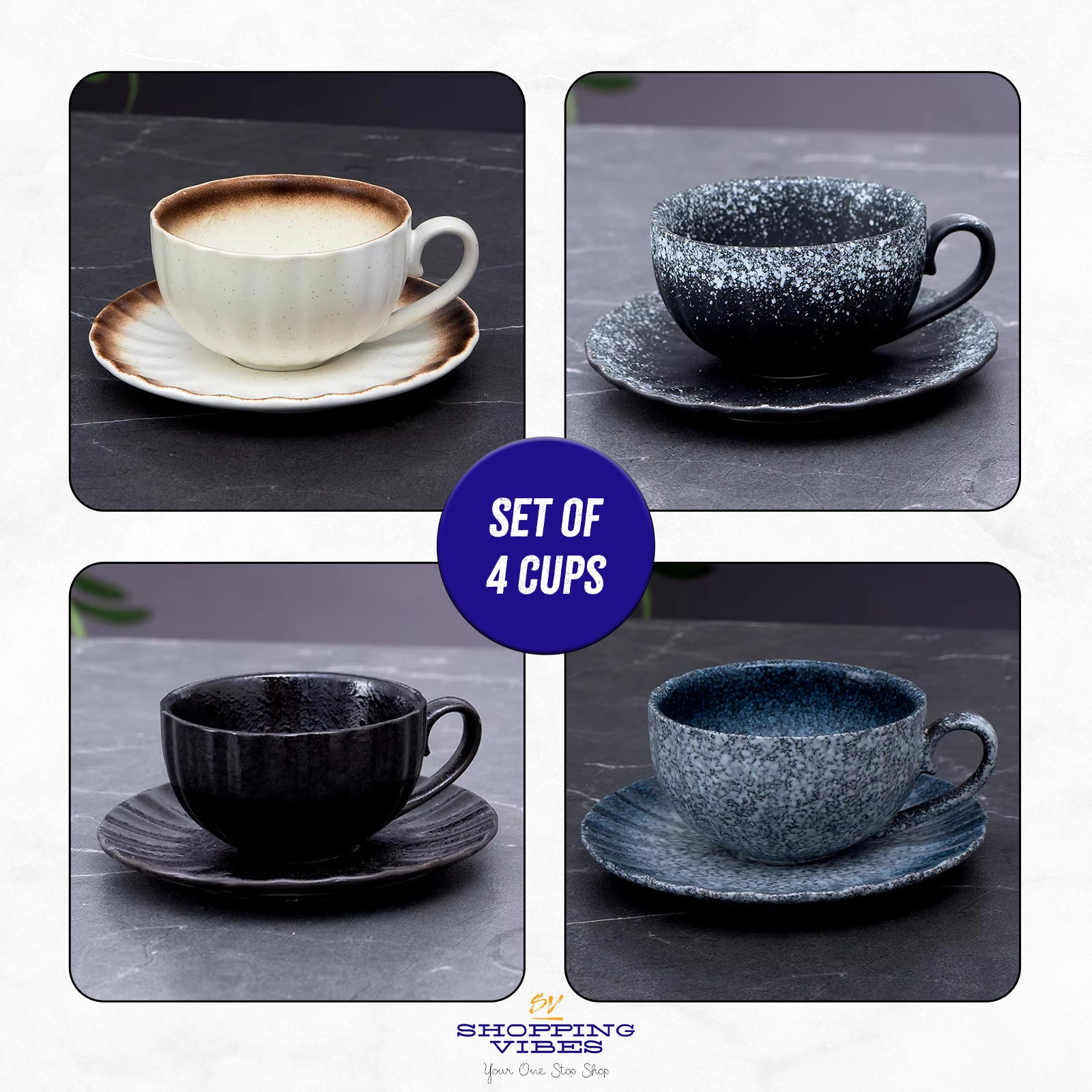 Ceramic Coffee Cups & Roaster_Set of 4
